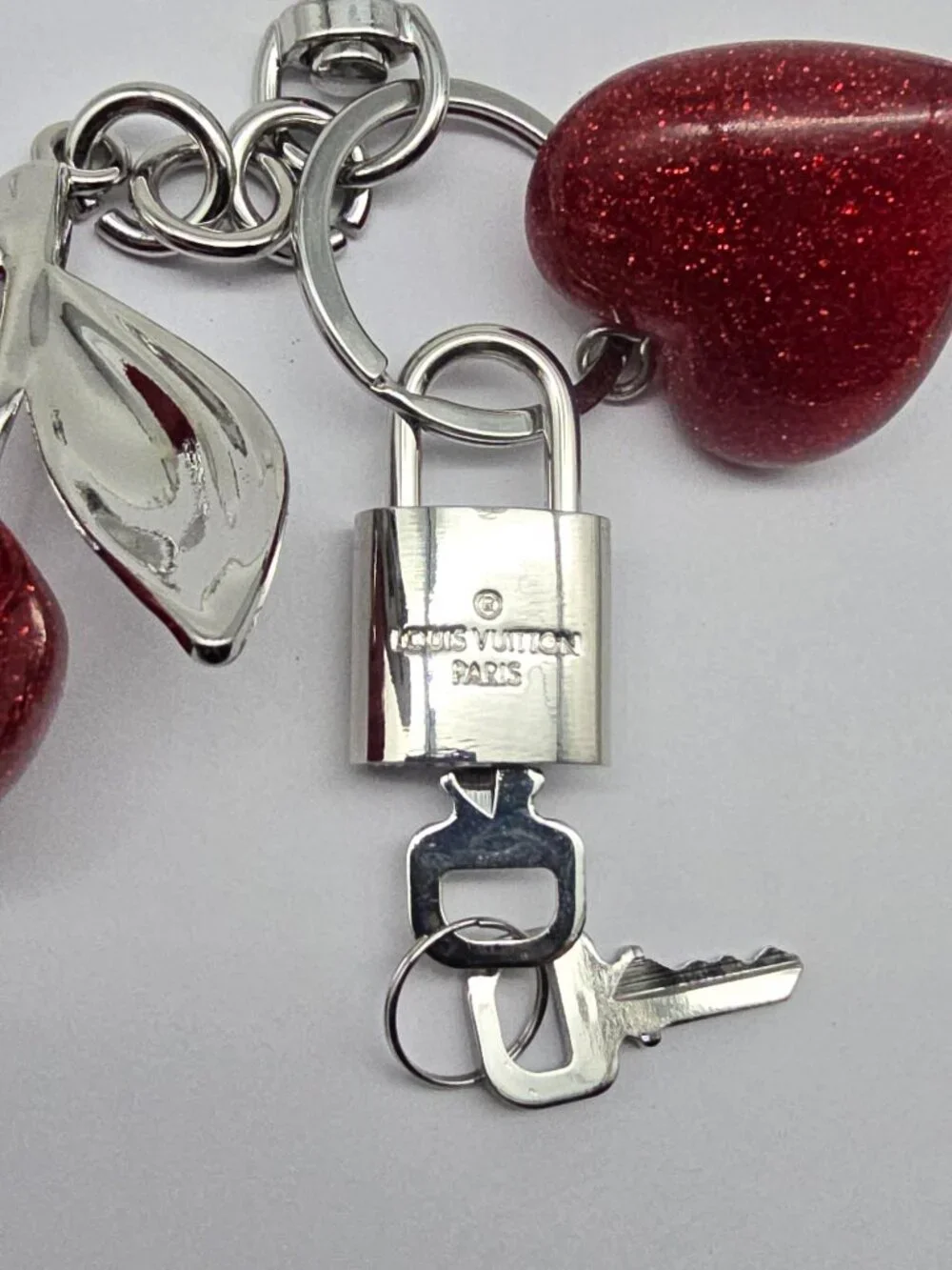 Authentic Louis Vuitton Silver Padlock with Unbranded Red Cherry Charm